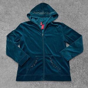 Zoey & Beth Teal Velvet Zip Up Hoodie Rhinestone Y2K Velour Sweatshirt Womens M